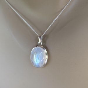Large Rainbow Moonstone Necklace Sterling Silver, Oval Blue Moonstone Pendant, Everyday Necklace, Something Blue, Necklaces for Women Gift