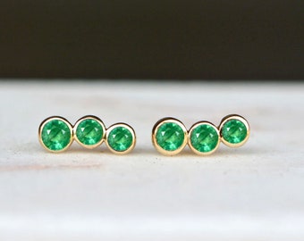 Natural Emerald Ear Climbers 14kt Gold, May Birthstone Jewelry, Round Green Gemstone Stud Earrings, Girlfriend Gift, Birthday Gift Wife