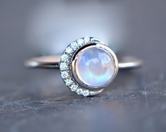 Blue Moonstone & Diamond Engagement Ring, Crescent Moon Ring, June April Birthstone Ring, Promise Ring, Girlfriend Gift, Anniversary Gift