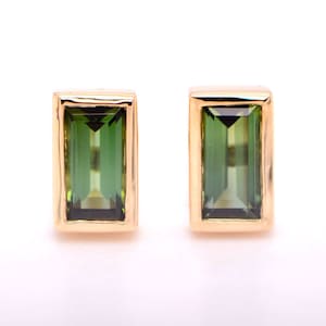 Olive Green Tourmaline Baguette 14k Gold Minimalist Stud Earrings, October Birthstone Jewelry, Art Deco Stacking Earring for Women or Girls