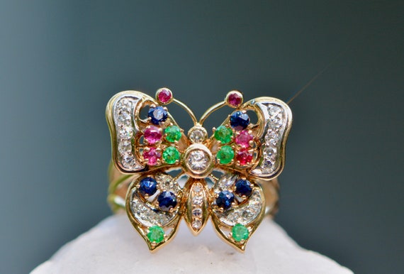 Multigemstone Butterfly Statement Ring 14k Gold, … - image 3