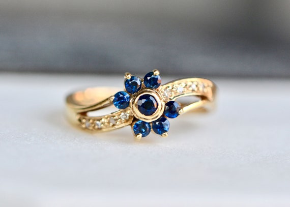 Sapphire Diamond Ring 14kt Gold,  Floral Sapphire… - image 8