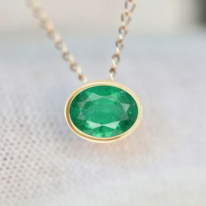 Genuine Emerald Oval Slide Pendant 14k Gold, May Birthstone Necklace, Minimalist Green Gemstone Necklace, Gift Women, Everyday Necklace