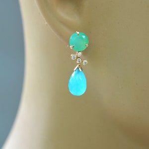 Aqua Chalcedony & Chrysoprase Diamond Earrings Solid 14k Gold, Summer Jewelry, Statement Earrings for Women, Anniversary Gift for Wife