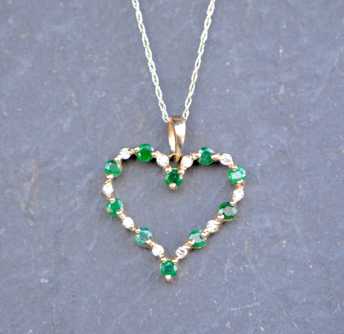 Emerald Diamond Heart Necklace 14kt Gold Necklace valentine Etsy