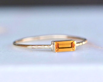 Citrine Baguette 14k Gold Ring, Minimalist Ring, November Birthstone Jewelry, Yellow Gemstone Promise Ring, Art Deco Dainty Stacking Ring