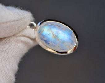 Large Rainbow Moonstone Necklace Sterling Silver, Oval Blue Moonstone Pendant, Everyday Necklace, Something Blue, Necklaces for Women Gift