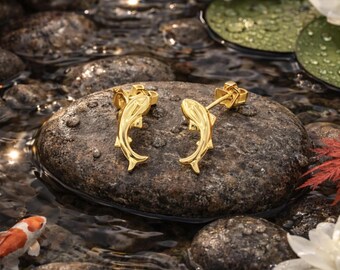 Japanese Koi Fish Stud Earrings Solid 14k Gold : Good Luck Jewelry
