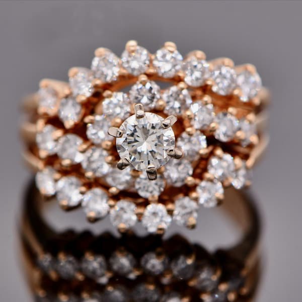 Diamond Cluster Swirl Ring Solid 14kt Gold : Vintage Cocktail Ring