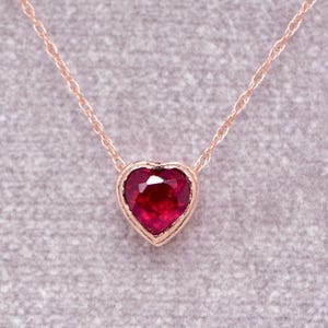 Ruby Heart Slide Necklace 14kt Rose Gold with Moissanite, Layering Pink Gemstone Minimalist Necklace, Girlfriend Gift, July Birthstone Gift