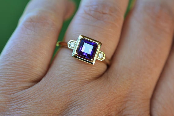 Amethyst Diamond Ring Solid 14k Gold Ring, Februa… - image 10