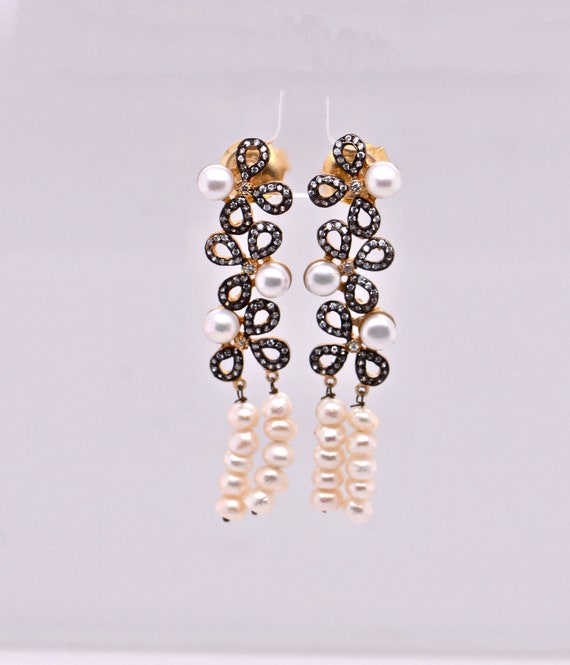 Long Dangly Pearl Earrings Gold Tone, Faux Diamon… - image 1