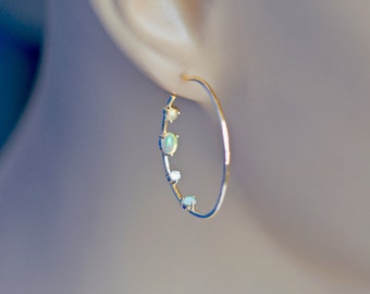 Genuine Opal Diamond Large Hoop Earrings 14kt Gold, October April Birthstone Hoops, Mothers Day Gift, Birthday Gift for Wife, Statement Hoop