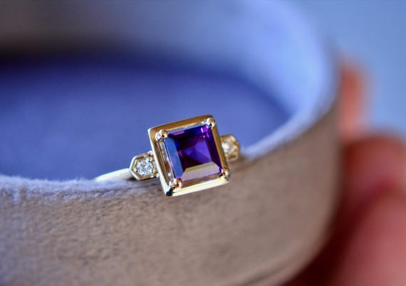 Amethyst Diamond Ring Solid 14k Gold Ring, Februa… - image 9