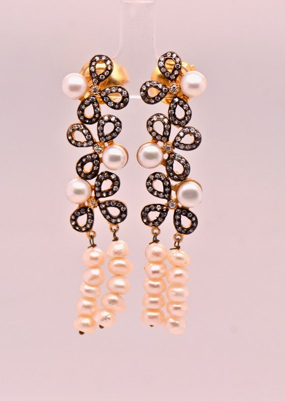 Long Dangly Pearl Earrings Gold Tone, Faux Diamon… - image 4