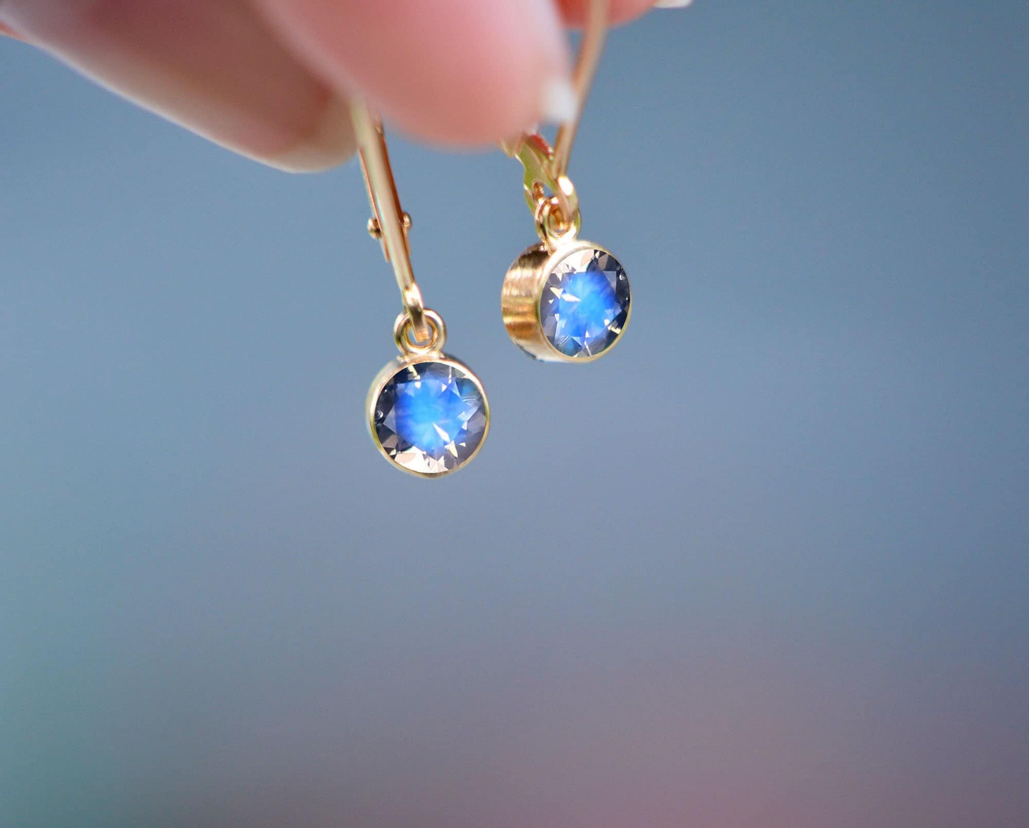 Moonstone Leverback Earrings 14kt Gold, Small Drop Earrings, June Birthstone Earrings, Gift Women, Blue Gemstone Drops, Gift Wife