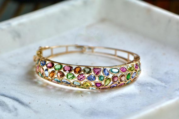 Multigemstone Statement Bracelet Solid 18k Gold :… - image 5