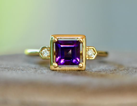 Amethyst Diamond Ring Solid 14k Gold Ring, Februa… - image 1