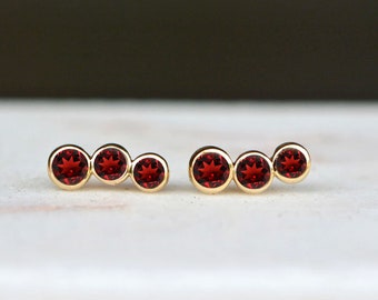 Mozambique Garnet Ear Climbers 14kt Gold, January Birthstone Jewelry, Round Red Gemstone Stud Earrings, Girlfriend Gift, Birthday Gift Wife