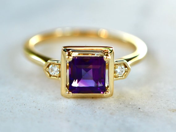 Amethyst Diamond Ring Solid 14k Gold Ring, Februa… - image 5