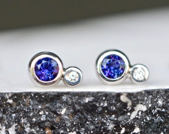 Tanzanite & Diamond White Gold Earrings, Solid 14k White Gold Stud Earrings, Gift for Mom, December April Birthstone Earring, Gift for Her