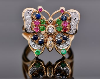 Statement-Ring mit Schmetterlingsmotiv aus massivem 14-karätigem Gold: Cocktailring mit mehreren Edelsteinen