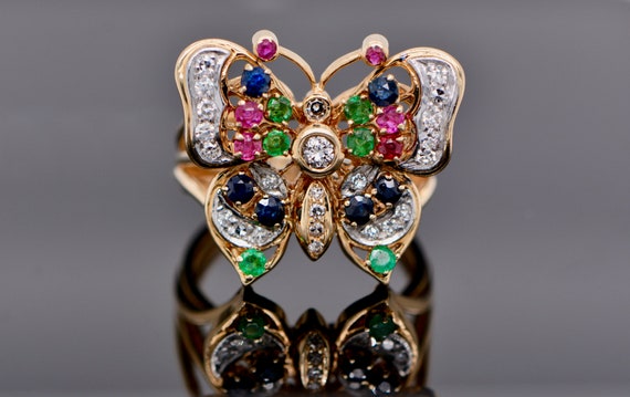 Multigemstone Butterfly Statement Ring 14k Gold, … - image 1