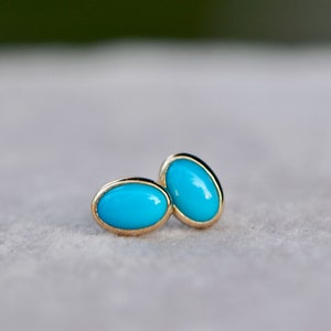 Dainty Oval Turquoise 14k Gold Earrings, Blue Gemstone Stud Earrings, December Birthstone Earrings, Gift for Mom, Everyday Studs for Women