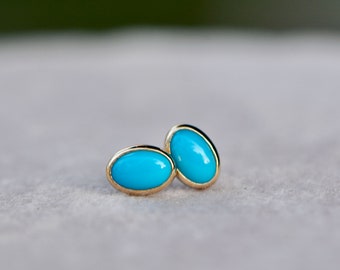 Dainty Oval Turquoise 14k Gold Earrings, Blue Gemstone Stud Earrings, December Birthstone Earrings, Gift for Mom, Everyday Studs for Women