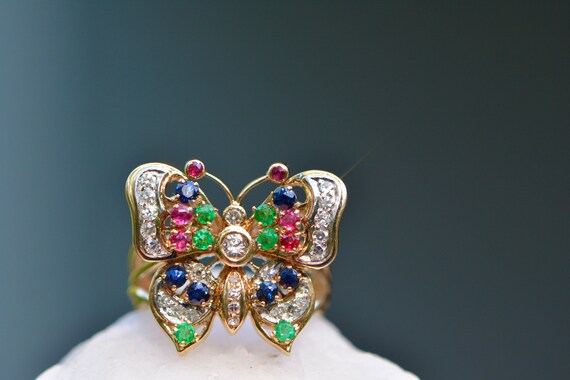 Multigemstone Butterfly Statement Ring 14k Gold, … - image 9
