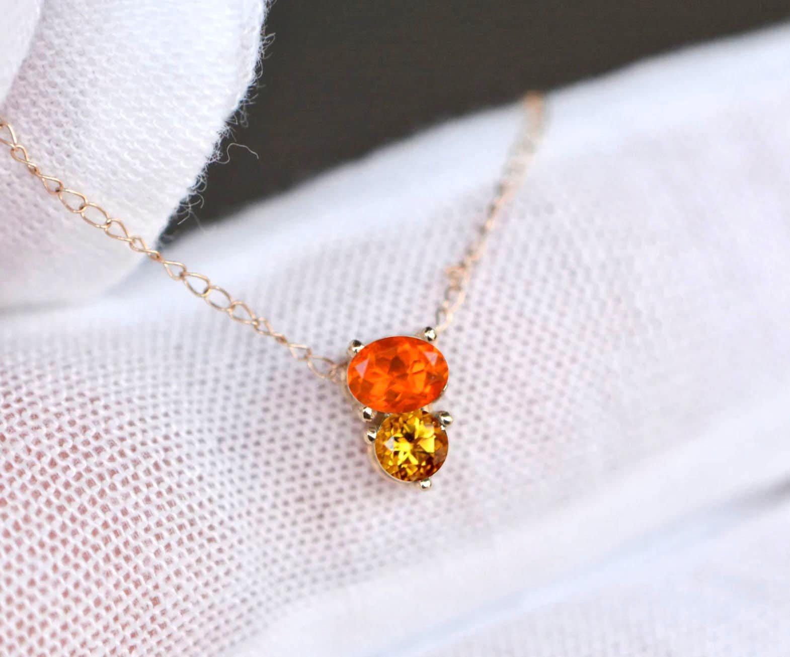 Citrine & Fire Opal 14k Gold Dainty Necklace, October November Birthstone Dainty Pendant, Yellow Orange Gemstone Minimalist Necklace Women