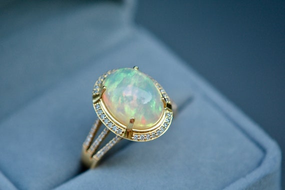 Ethiopian Opal & Diamond Statement Ring 14k Gold … - image 1