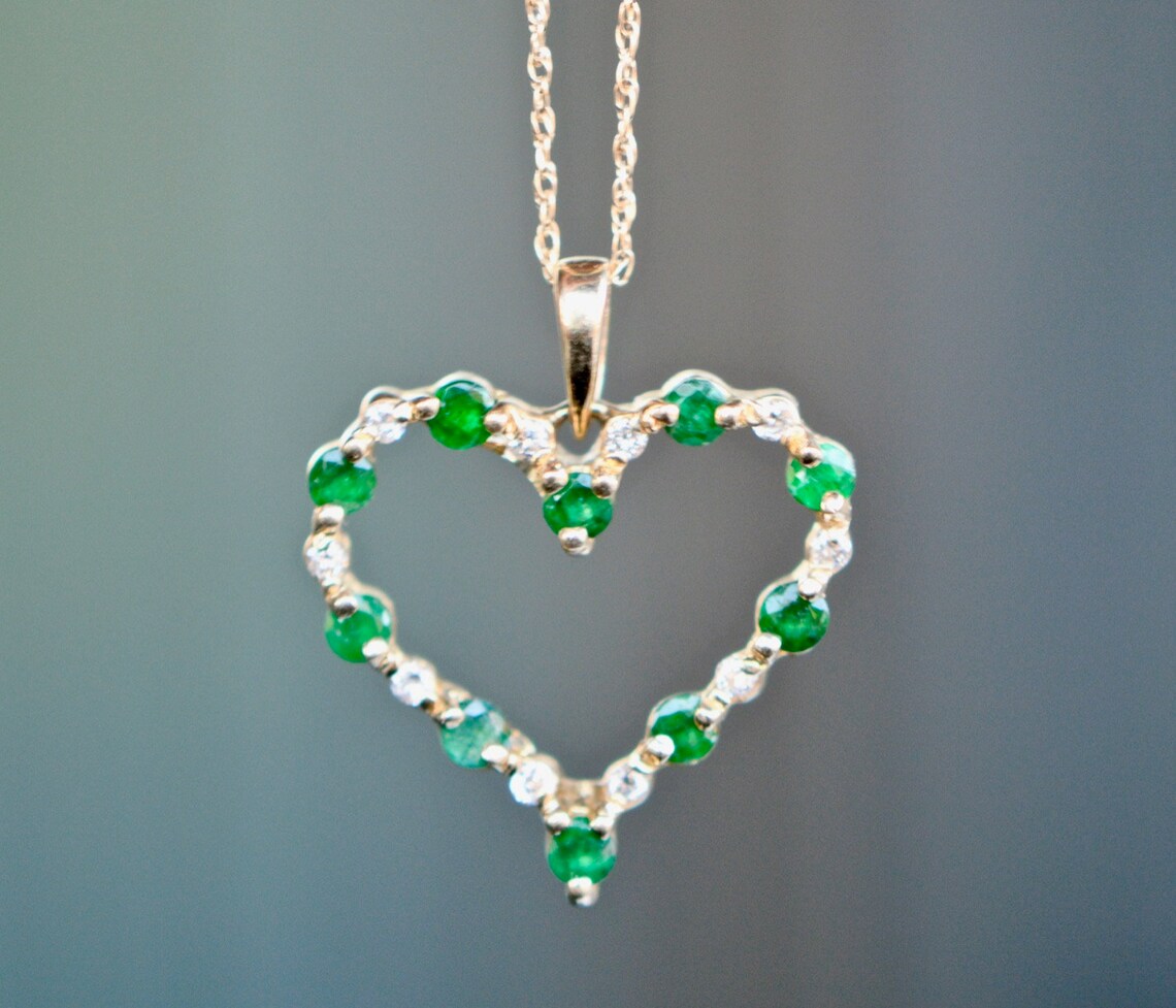 Emerald Diamond Heart Necklace 14kt Gold Necklace valentine Etsy