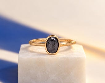 Oval Black Diamond Solitaire Bezel Ring in Solid 14k Yellow Gold : April Birthstone