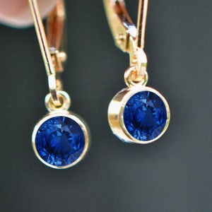 thumbnail image 2 of 14k Real Yellow GOLD Natural Blue SAPPHIRE And DIAMOND Dangle Leverback 2 of 9