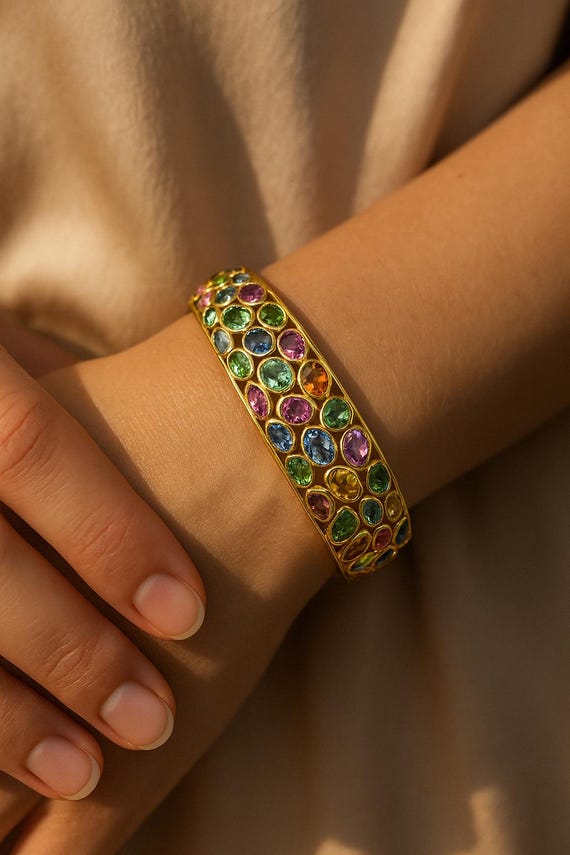 Multigemstone Statement Bracelet Solid 18k Gold :… - image 10
