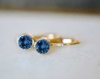 London Blue Topaz Leverback Earrings 14kt Gold, Small Hoop Earrings, November Birthstone Earrings, Girlfriend Gift, Blue Gemstone Drops