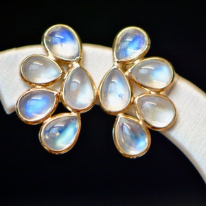 Blue Moonstone Cabochon Earrings 14k Gold, Floral Moonstone Studs, June Birthstone Studs, Gift for Women, Statement Earrings