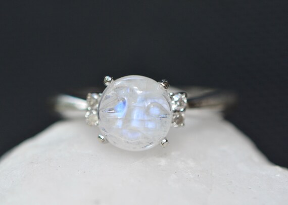 Blue Moonstone Face & Diamond Ring 10k White Gold… - image 7