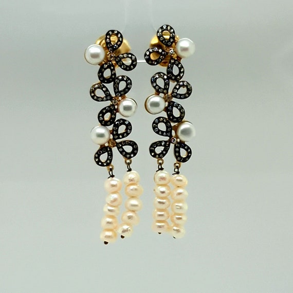 Long Dangly Pearl Earrings Gold Tone, Faux Diamon… - image 5