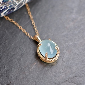 Aquamarine Statement Necklace 14k Gold, Aqua Blue Gemstone Necklace, March Birthstone Pendant, Layering Necklaces for Women, Gifts for Her