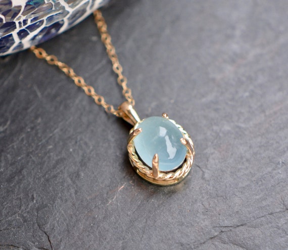 Natural Aquamarine Cabochon Pendant 14k Gold Aqua Blue Gemstone