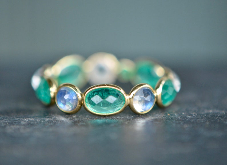 Emerald Moonstone Stacking Ring Wedding Band 18kt Gold Blue | Etsy
