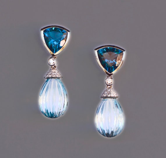 Blue Topaz & Diamond Earrings 14k White Gold Dangly Earrings - Etsy