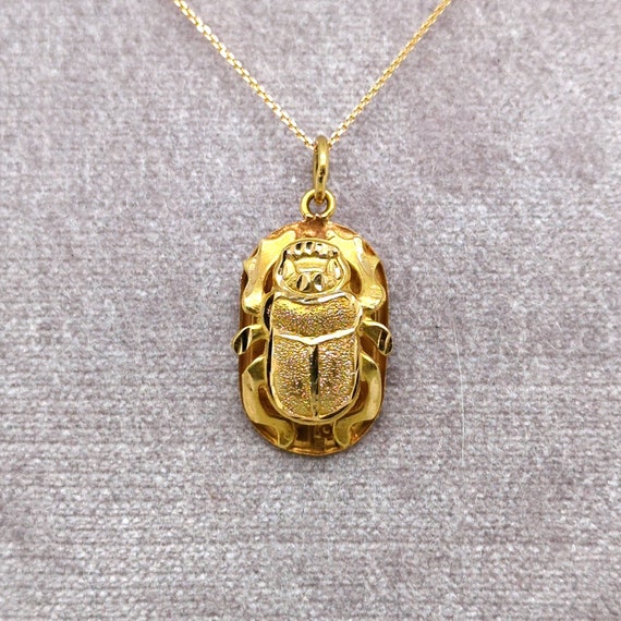 Scarab Necklace 18k Gold, Vintage Egyptian Beetle… - image 10