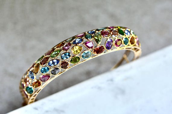 Multigemstone Statement Bracelet Solid 18k Gold :… - image 8