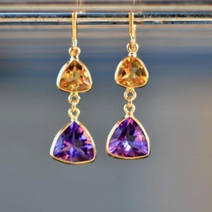 Amethyst & Citrine Earrings Solid 18k Gold, November February Birthstone Drops, Dainty Yellow Purple Gemstone Earrings, Statement Earrings