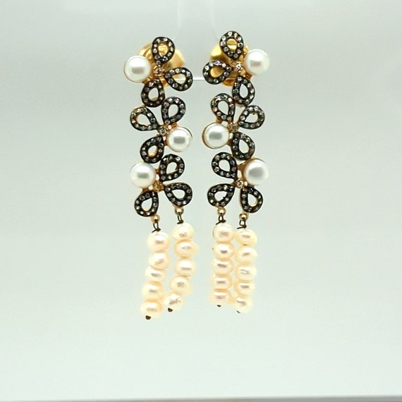 Long Dangly Pearl Earrings Gold Tone, Faux Diamon… - image 6