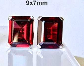 Garnet Octagon Stud Earrings 9x7mm Sterling Silver : January Birthstone
