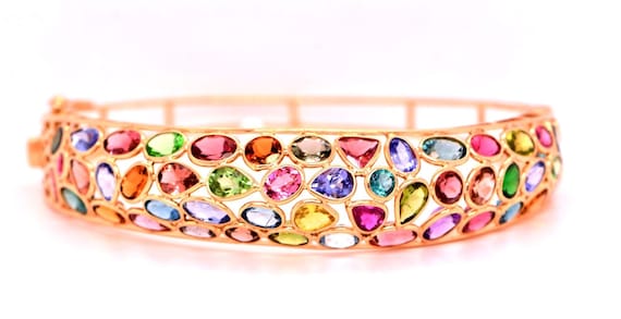 Multigemstone Statement Bracelet Solid 18k Gold :… - image 1
